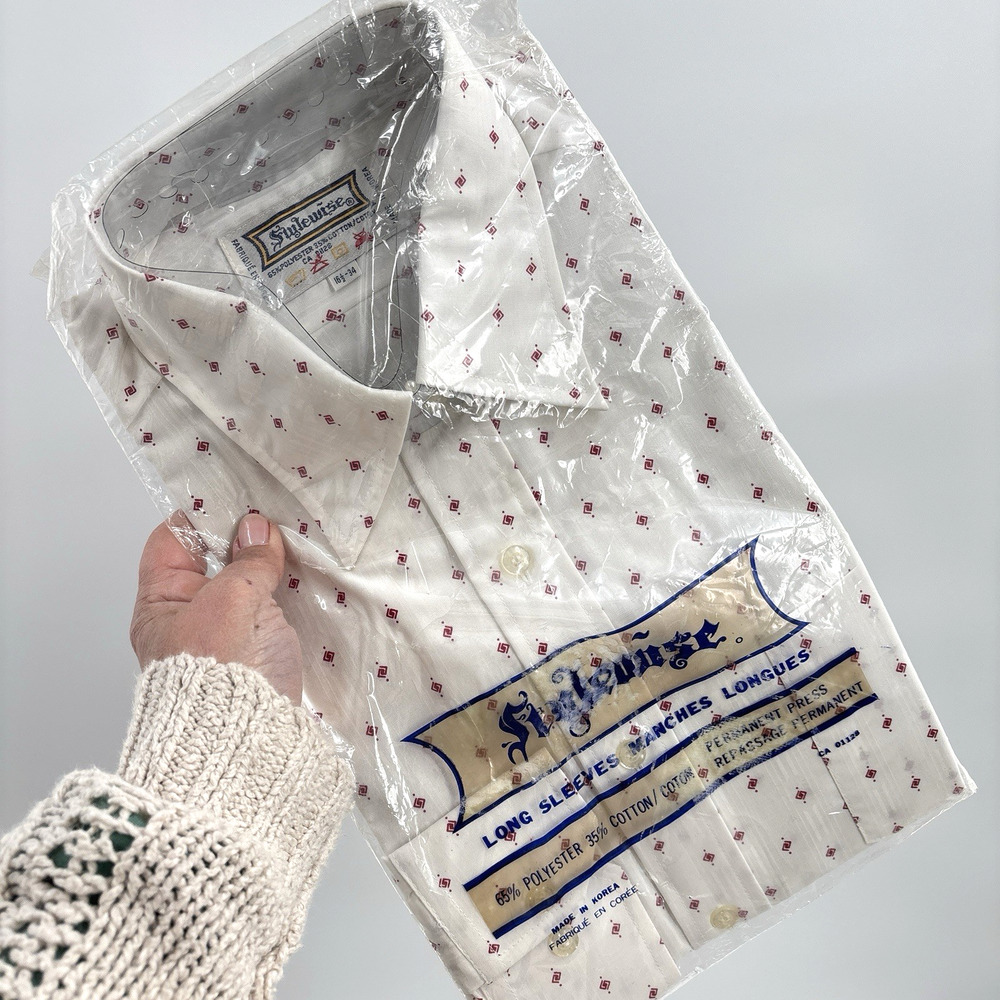 VTG Stylewise Dress Shirt Sz 16.5 Cotton Blend White Graphic Print Dead Stock